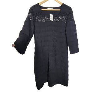 NWT Mango MNG Tumen Dress Black Knit Lace Detail W/ 3/4 Sleeves Size 12
